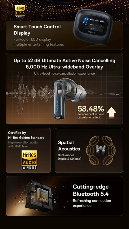 Product advertisement for wireless earbuds with features listed on a dark background