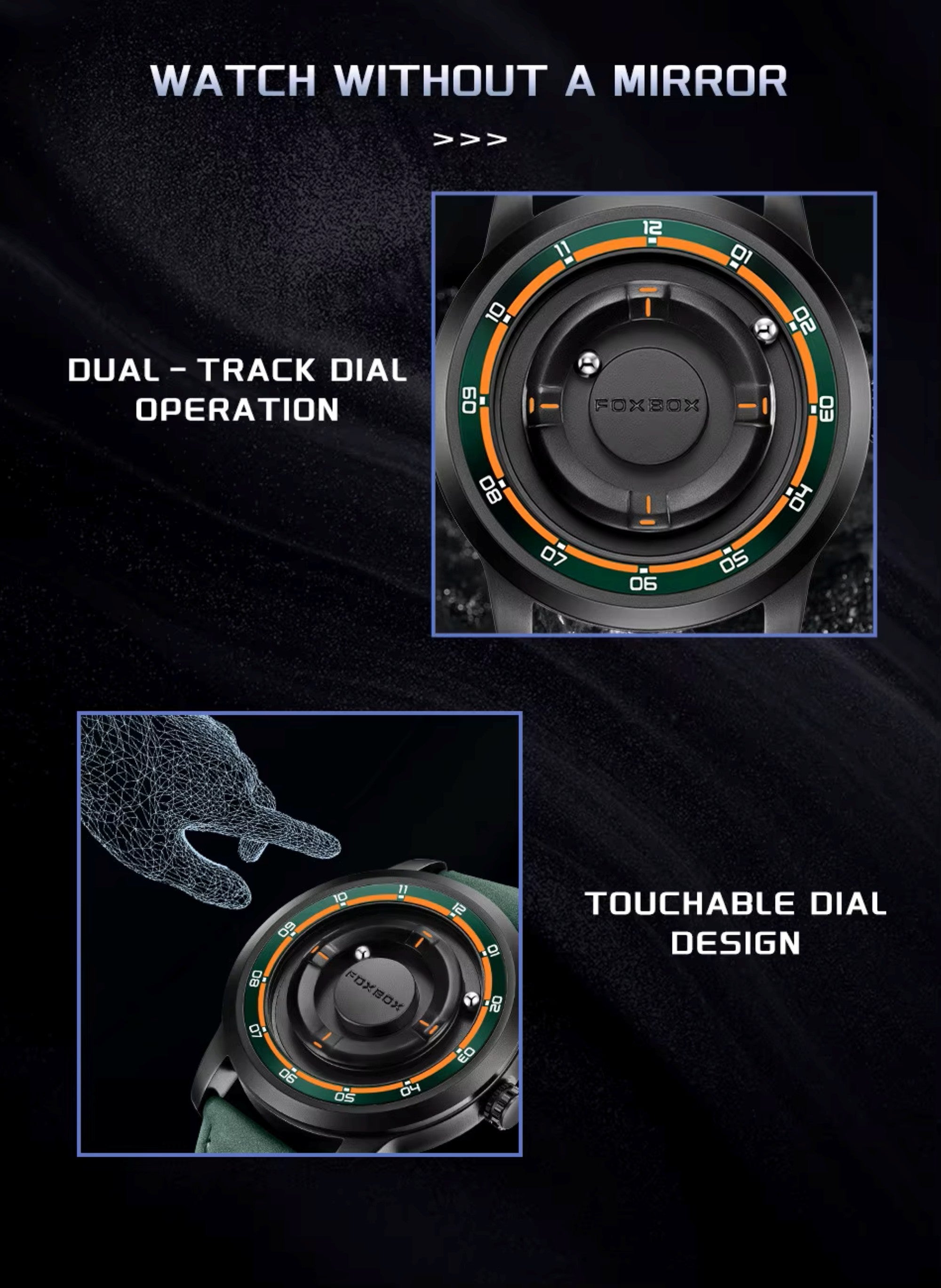 Watch with dual-track dial operation and touchable design on a dark background