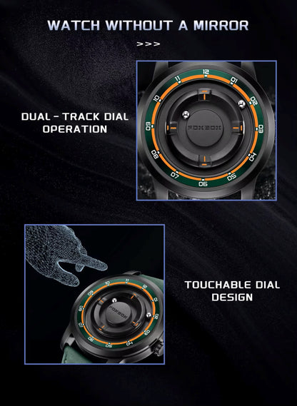 Watch with dual-track dial operation and touchable design on a dark background