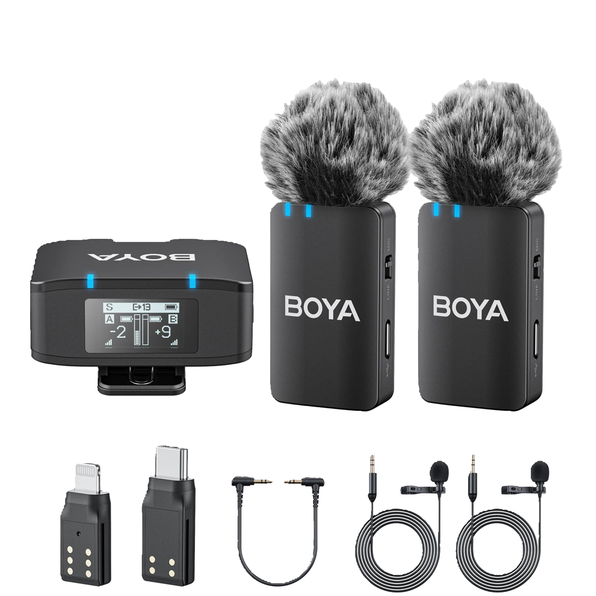 BOYA wireless microphone system with transmitter, receiver, and cables on a white background