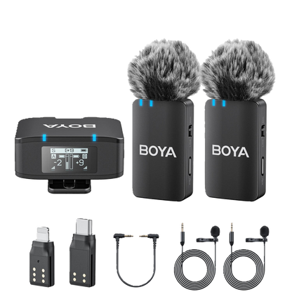 BOYA wireless microphone system with transmitter, receiver, and cables on a white background