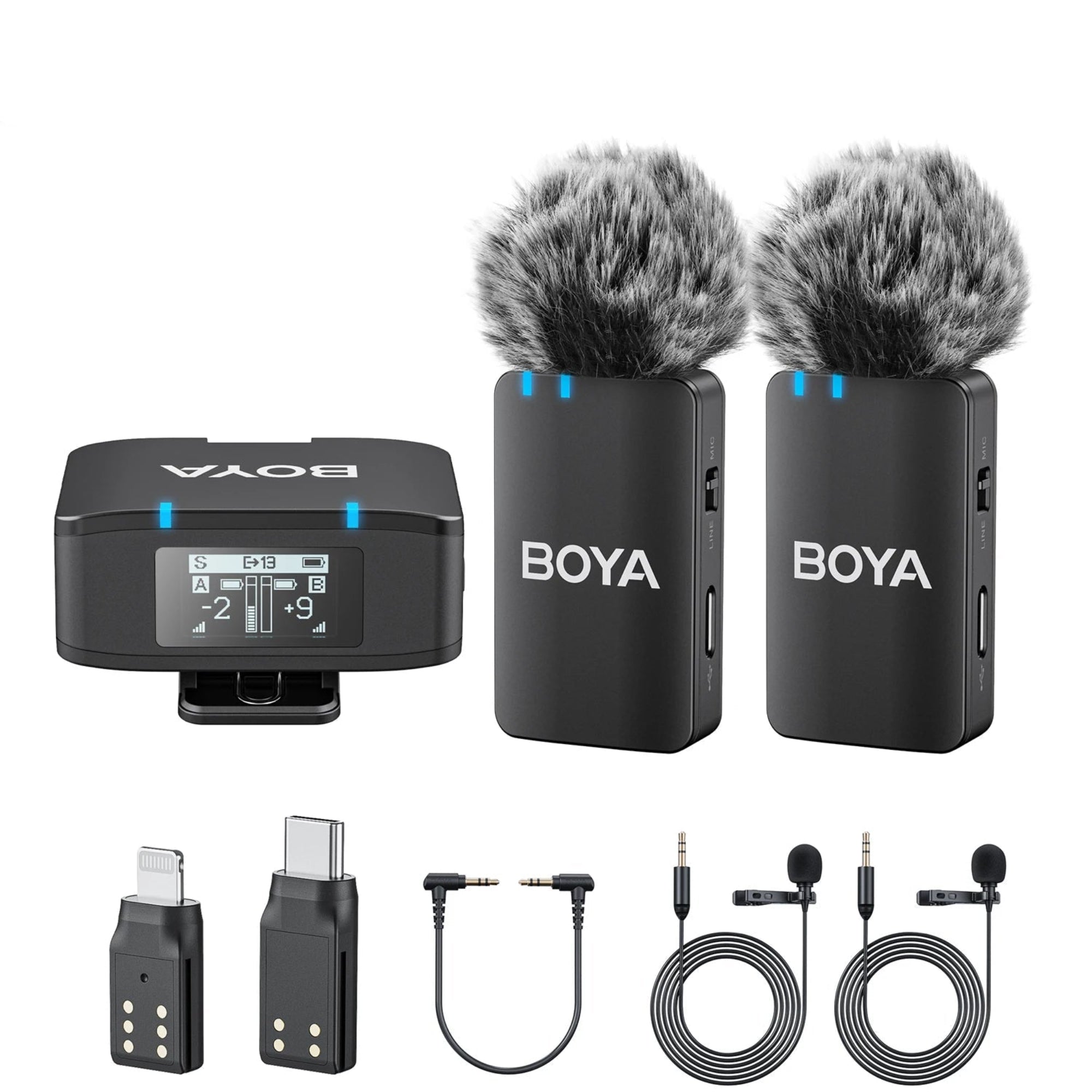 BOYA microphone kit with transmitter, receiver, and cables on a white background