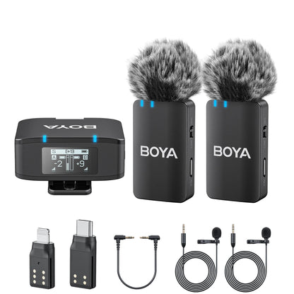 BOYA microphone kit with transmitter, receiver, and cables on a white background