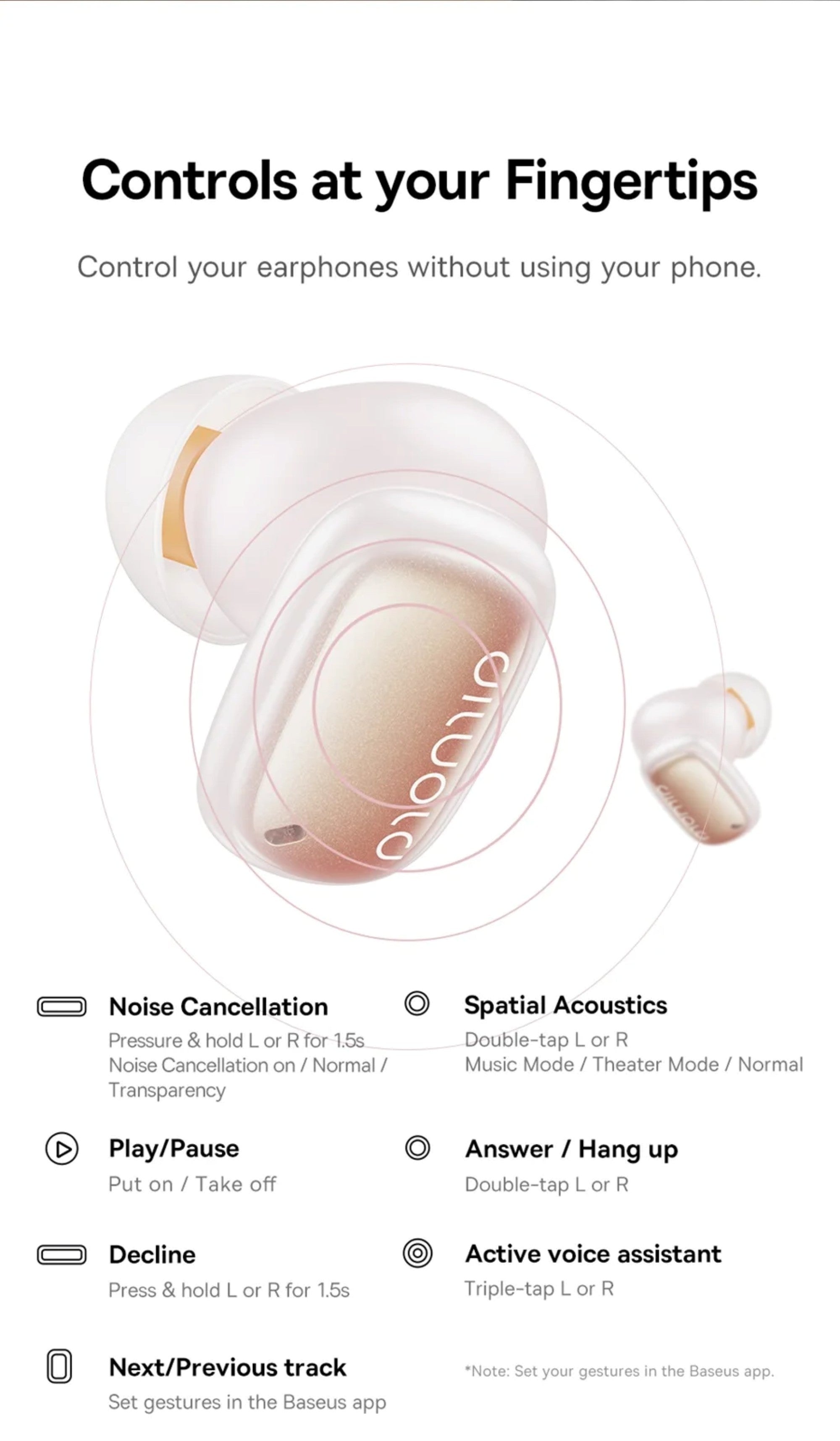 Wireless earbuds with control options on a white background