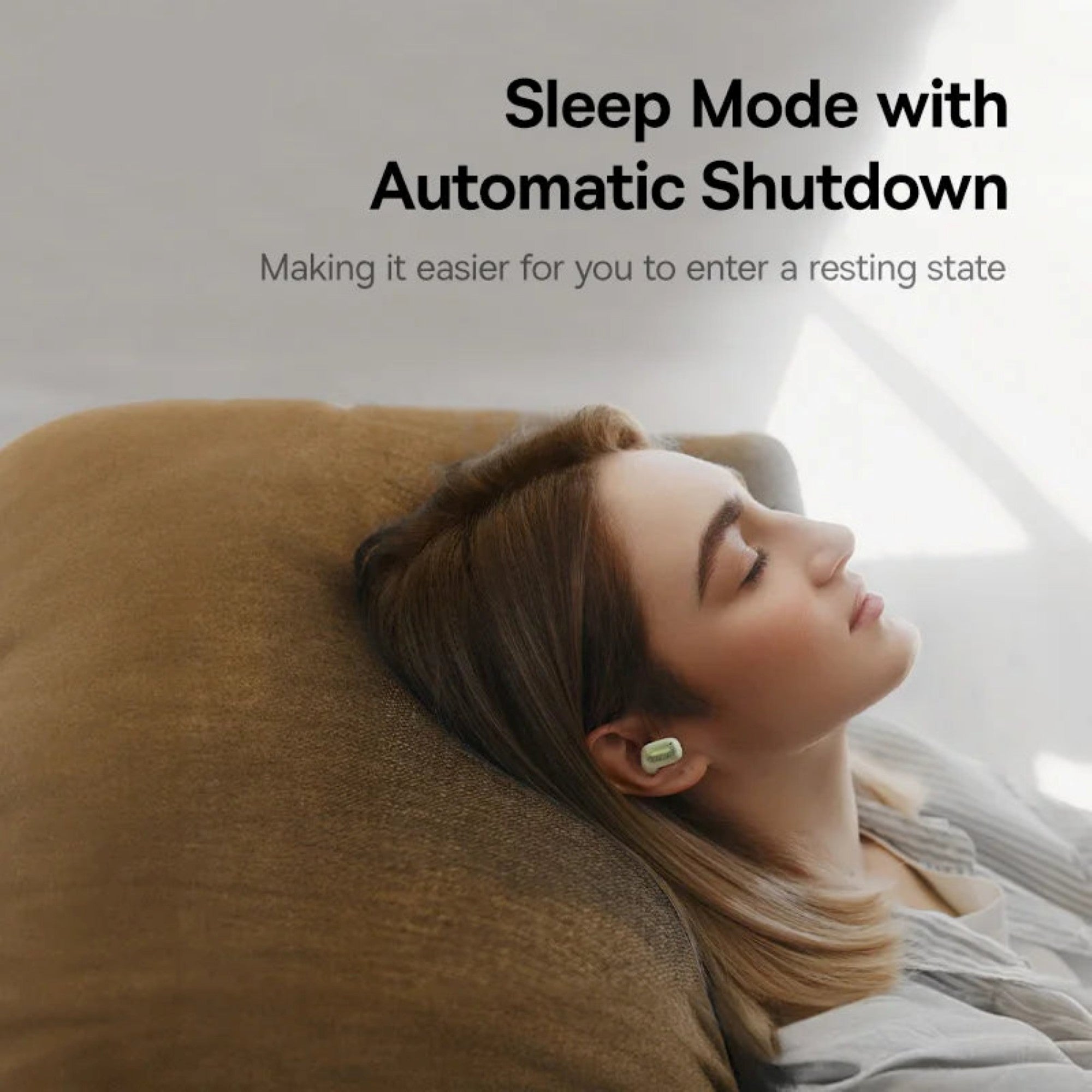 Woman lying down with text about sleep mode and automatic shutdown