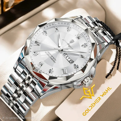 A close-up of a Goldener Wahl stainless steel watch with a silver dial and matching steel link bracelet, resting on a beige surface with a branded hangtag visible.