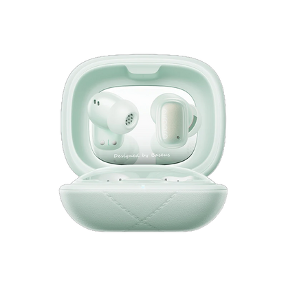 Mint green wireless earbuds in charging case on a white background