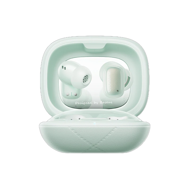 Mint green wireless earbuds in charging case on a white background