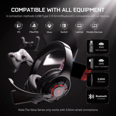 Headset with microphone and connection options on a dark background