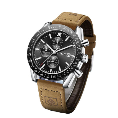 Watch with brown leather strap and black dial on a white background