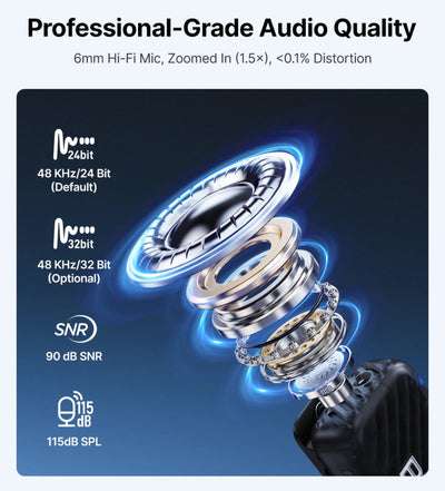 High-quality audio microphone with technical specifications on a dark background