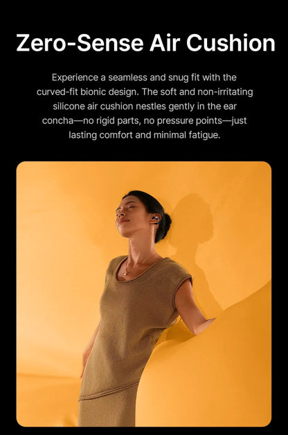 Person wearing a beige sleeveless top against an orange background with text about Zero-Sense Air Cushion.
