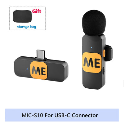 Wireless microphone system with USB-C connector and storage bag on a white background