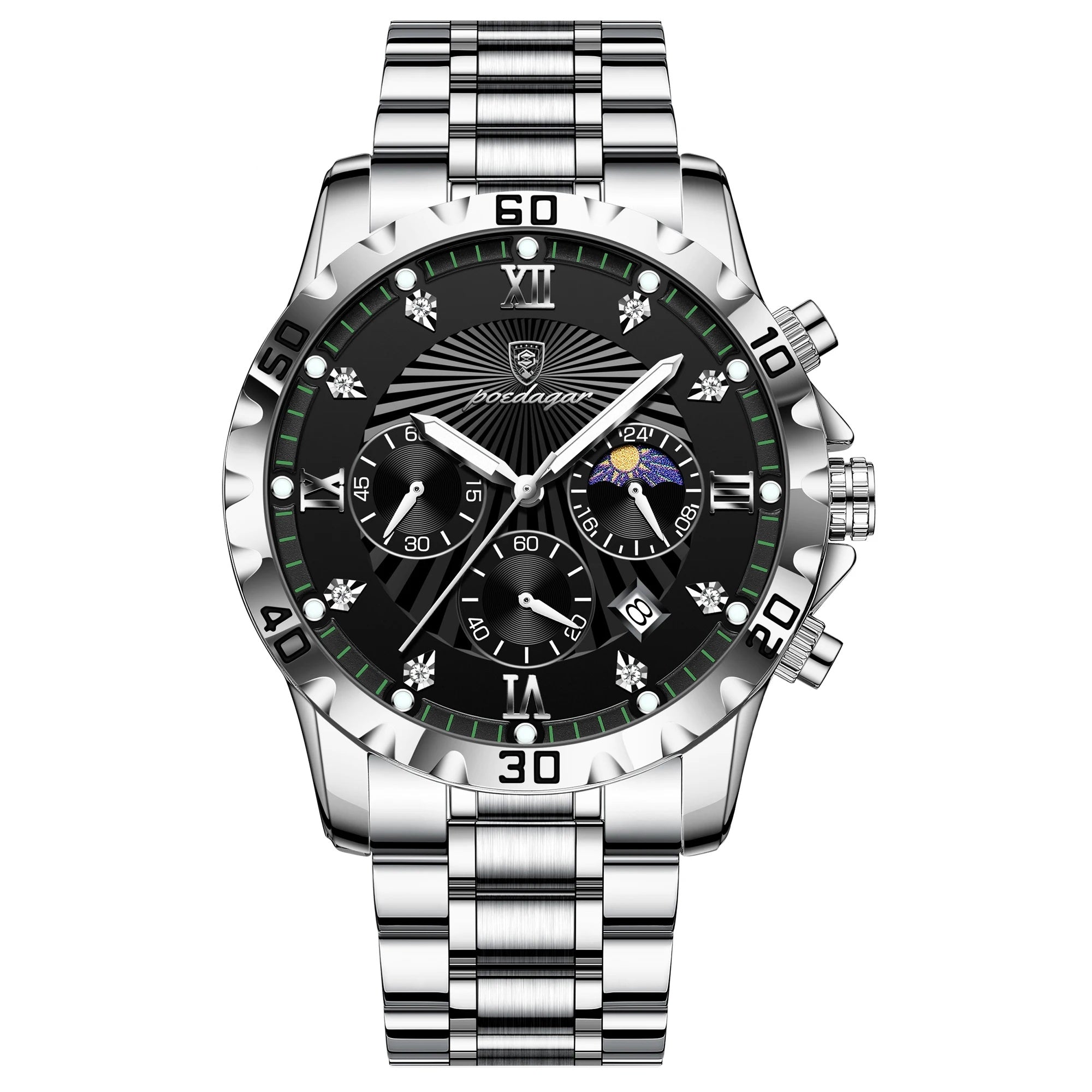 Silver wristwatch with a black dial on a white background