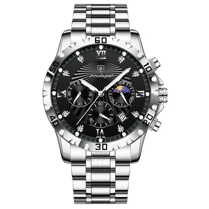 Silver wristwatch with a black dial on a white background