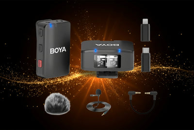 Collection of Boya audio recording devices on a dark background with glowing effects.