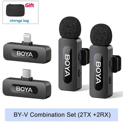 BOYA BY-V wireless microphone system with two transmitter and two receiver units on a white background.