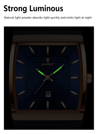 Watch with glowing green second hand on a dark background, highlighting 'Strong Luminous' feature.