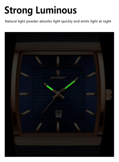 Watch with glowing green second hand on a dark background, highlighting 'Strong Luminous' feature.