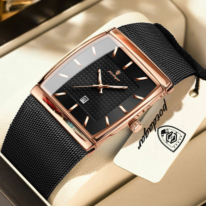Luxury watch with black mesh strap and rose gold casing on a beige surface, featuring the brand name on a tag.