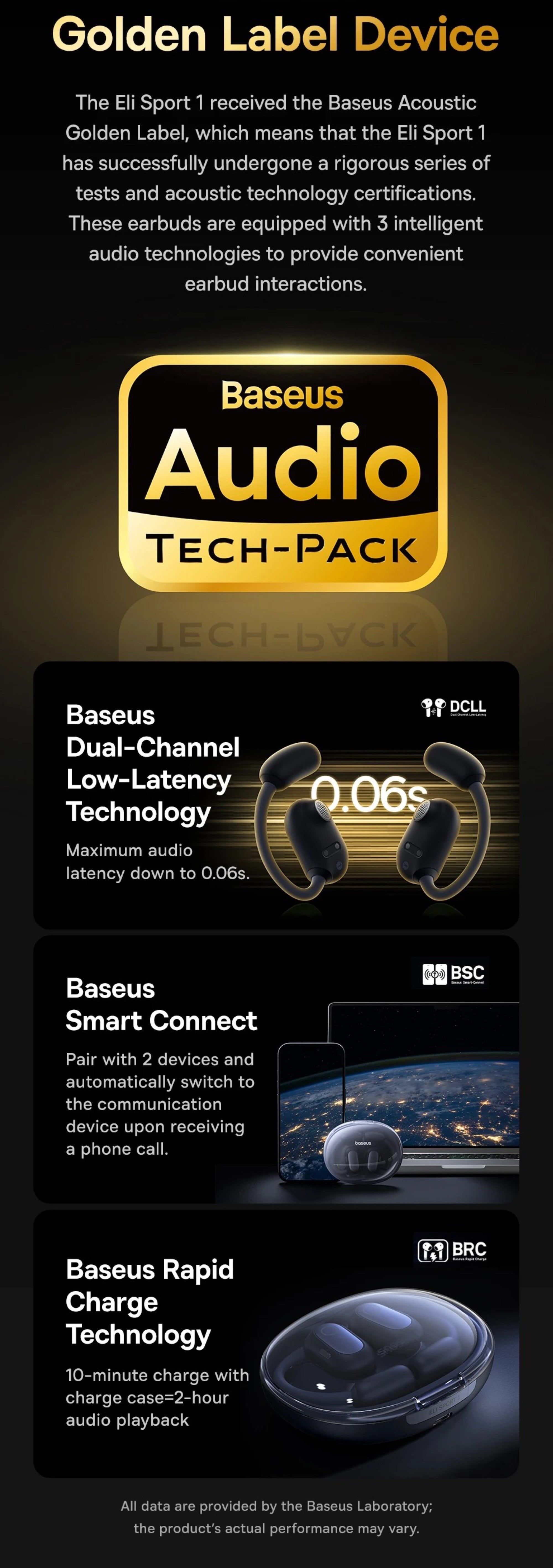 Baseus Audio Tech-Pack with features on a dark background