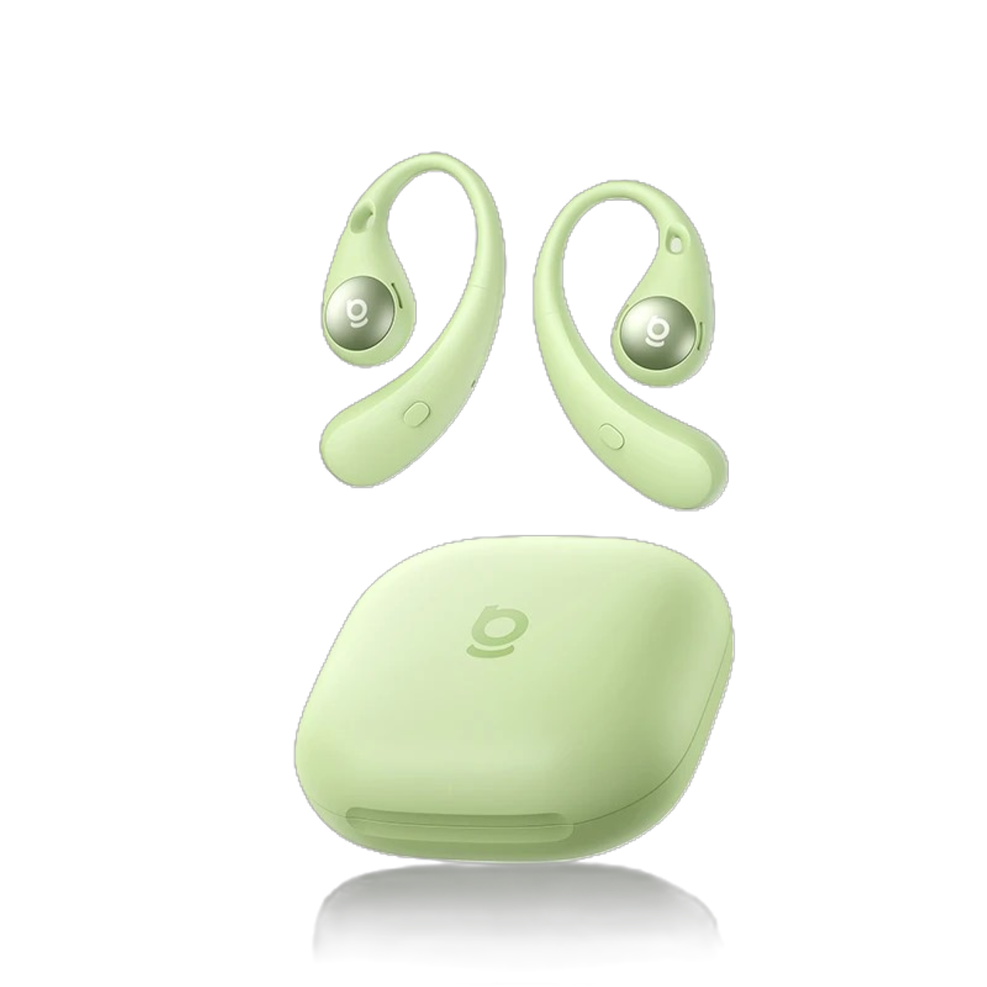 Green wireless earbuds with charging case on a white background