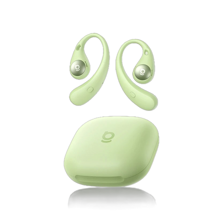 Green wireless earbuds with charging case on a white background