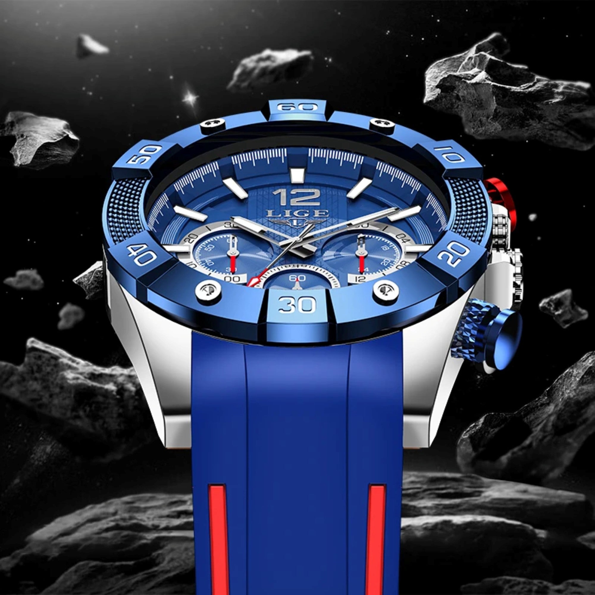 Blue wristwatch with detailed face on a space-themed background