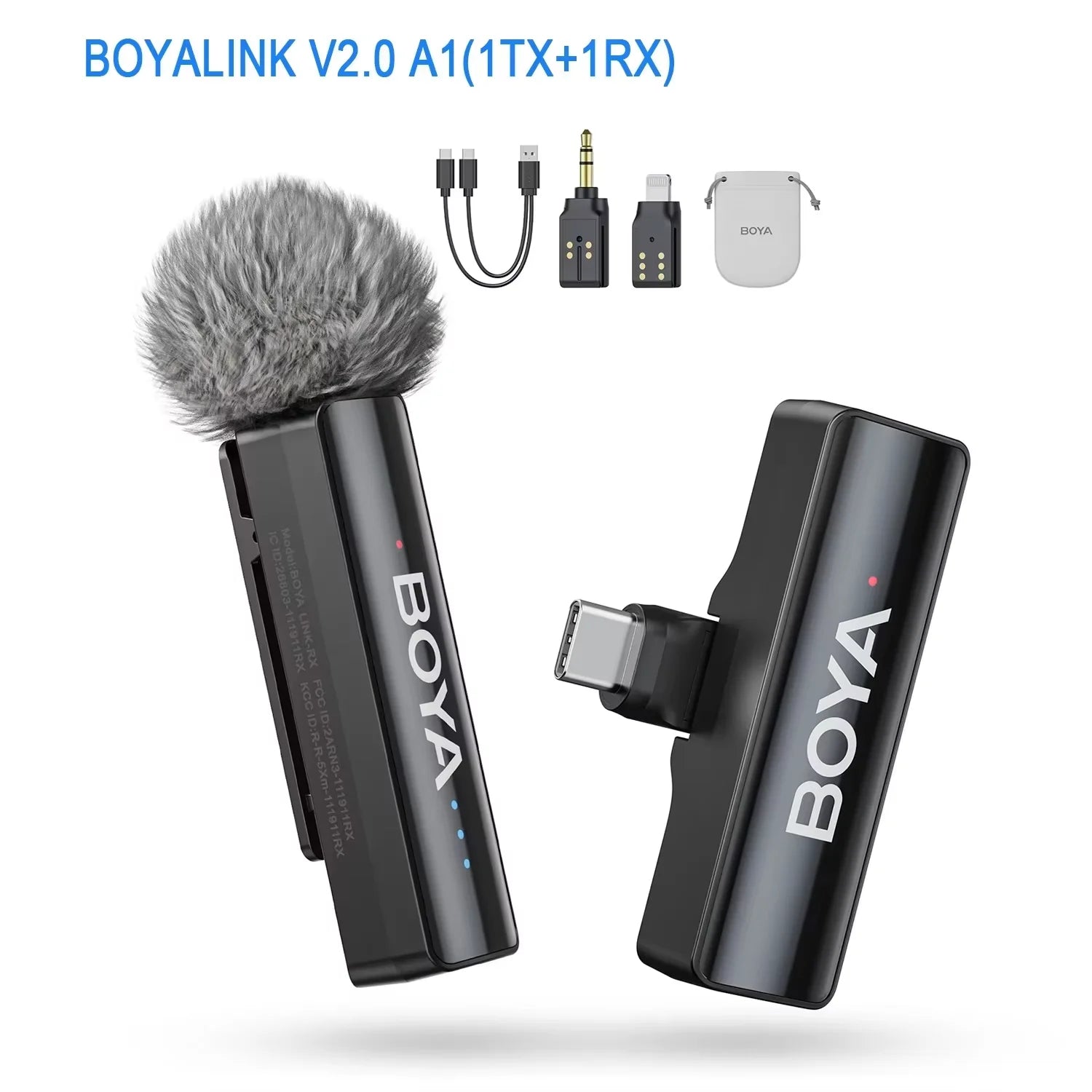 BOYA wireless microphone system with transmitter and receiver on a white background