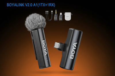 BOYA wireless microphone system with transmitter and receiver on a white background