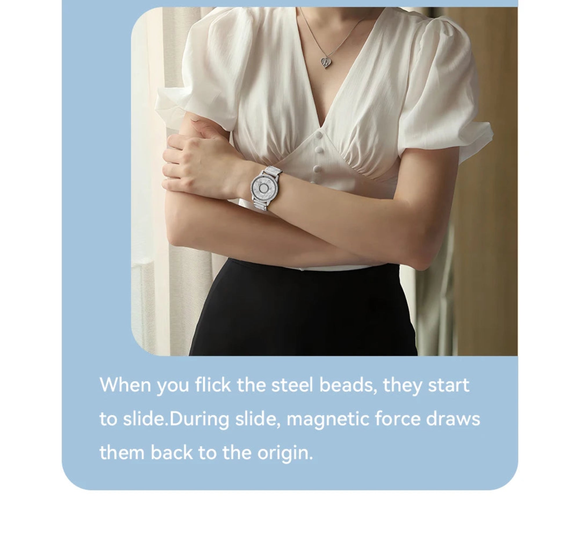 Person wearing a white blouse and black skirt with text about magnetic beads.