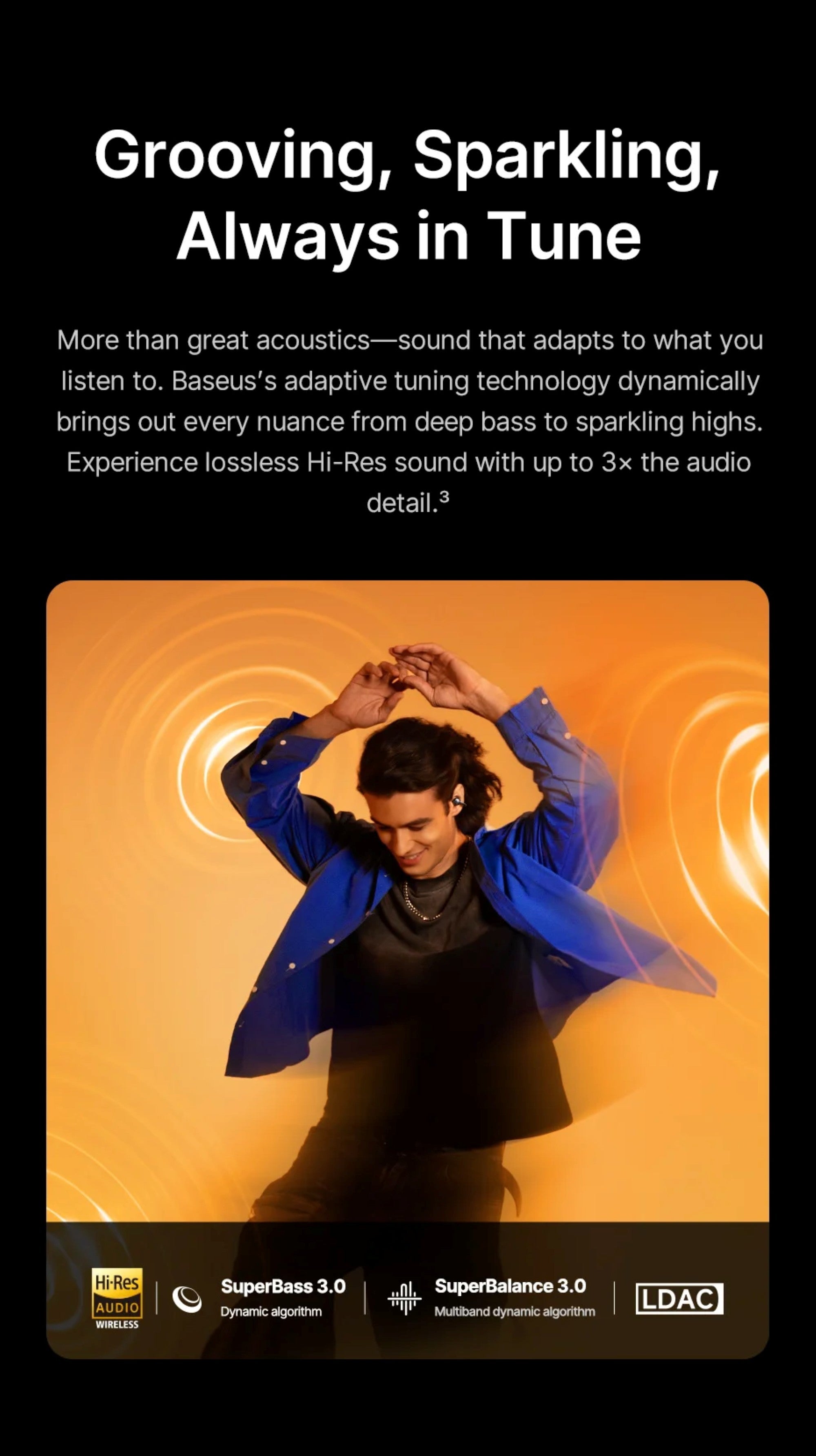 Person in a blue jacket with text about audio technology on an orange background