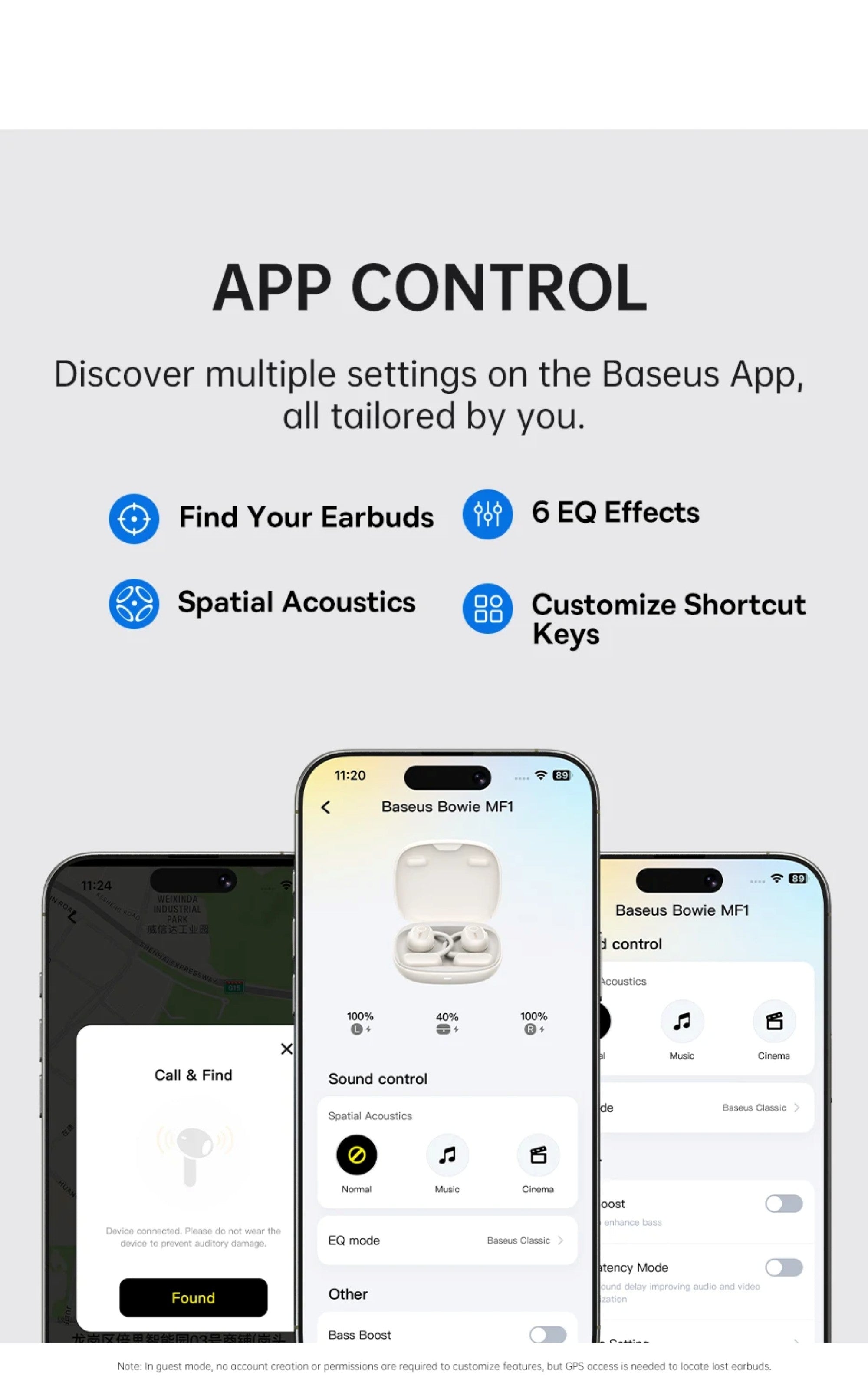 Baseus app control interface with smartphone and earbuds on a white background