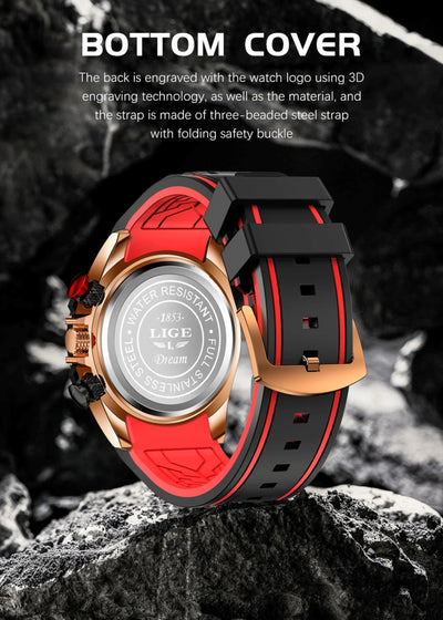 Wristwatch with red and black strap on a rocky surface, featuring text about the watch's design.