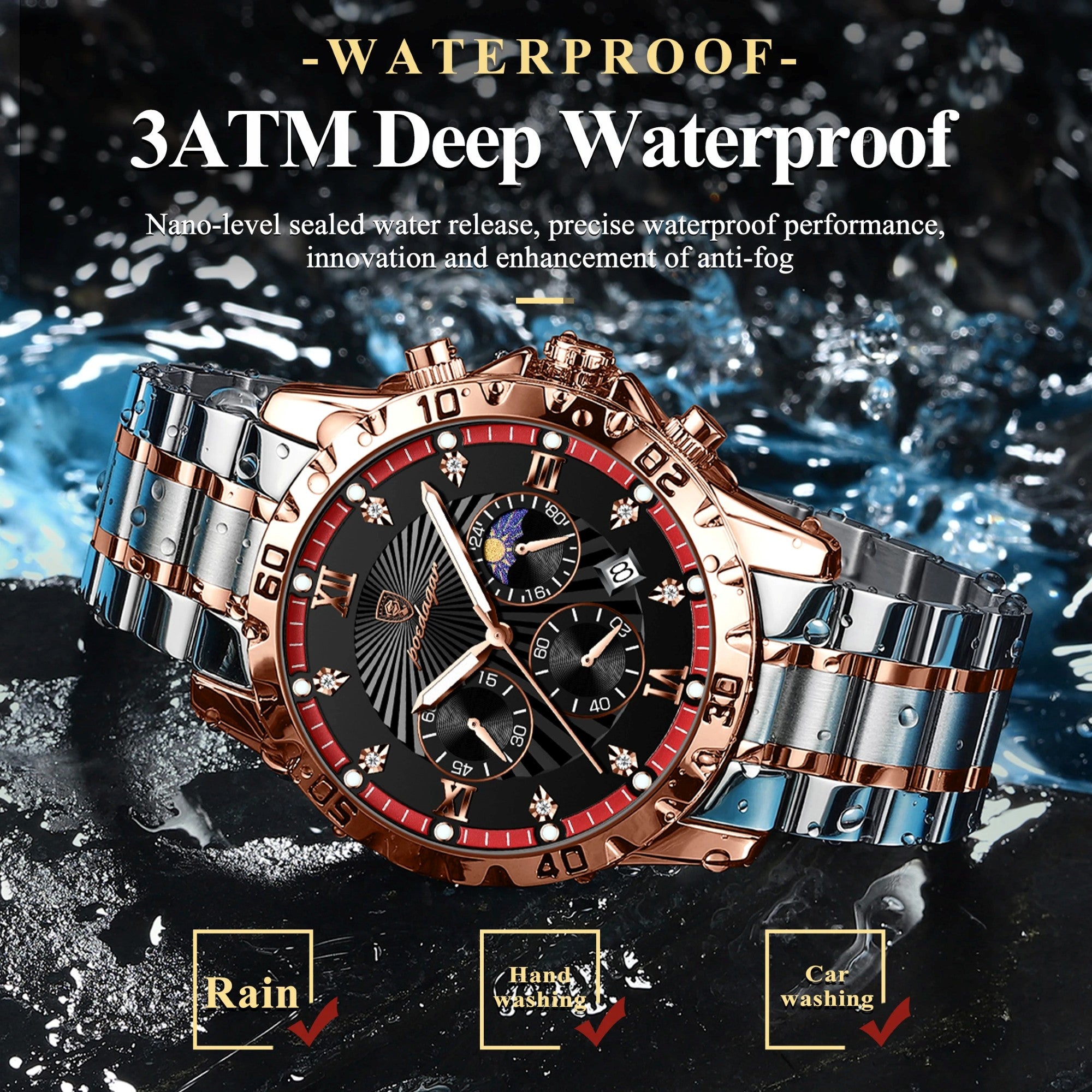 Luxury watch with rose gold and silver band on water background, emphasizing waterproof feature.