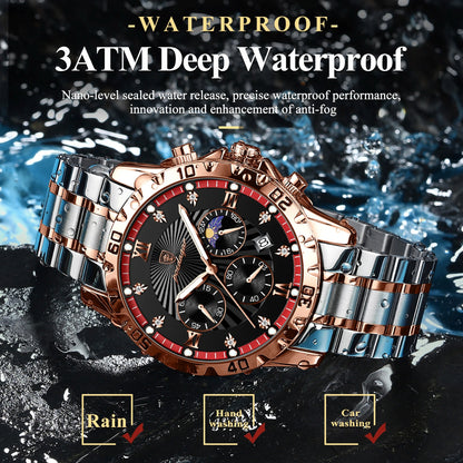 Luxury watch with rose gold and silver band on water background, emphasizing waterproof feature.