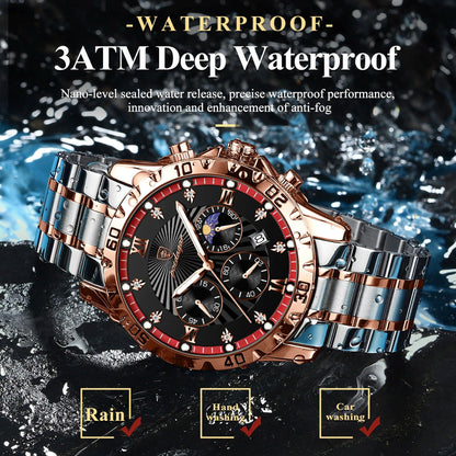 Luxury watch with rose gold and silver band on water background, emphasizing waterproof feature.