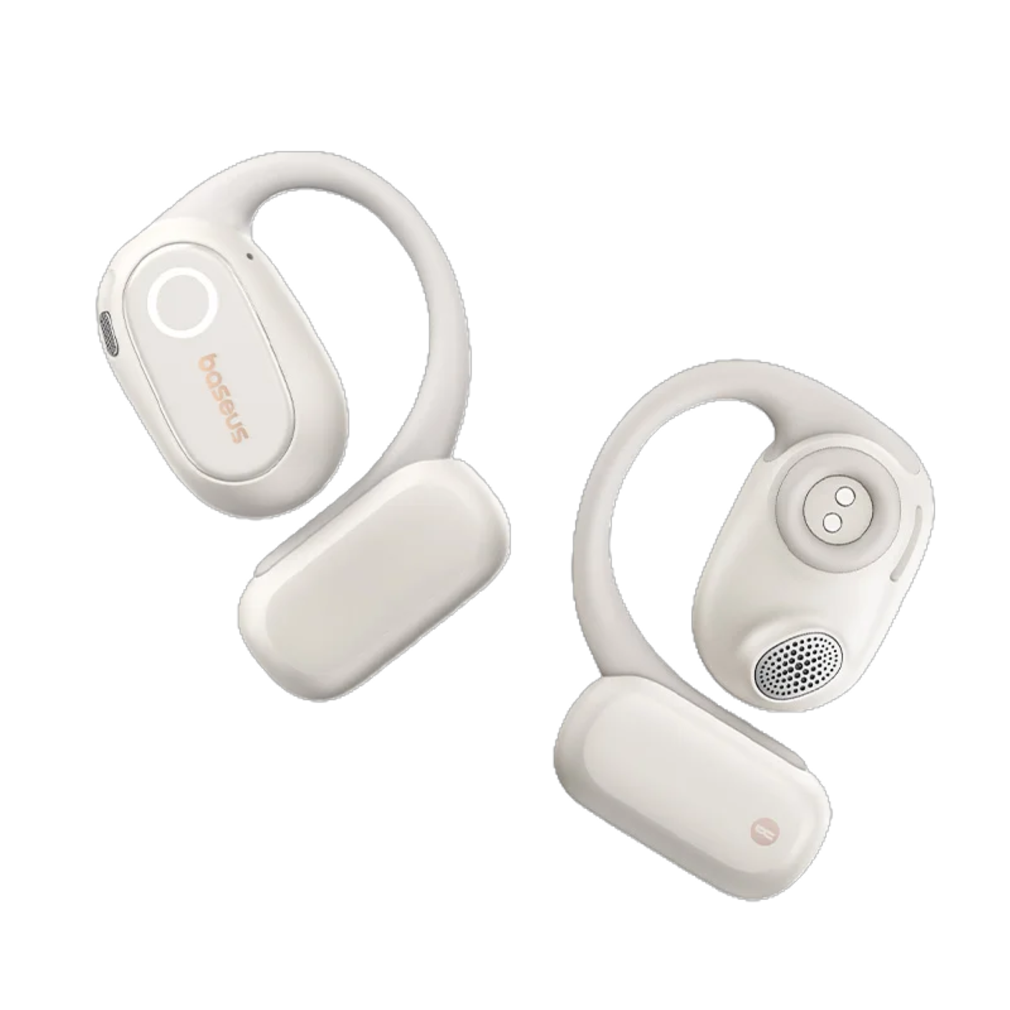 White wireless earbuds with charging case on a white background
