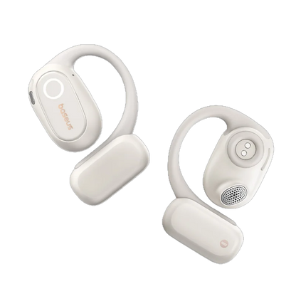 White wireless earbuds with charging case on a white background