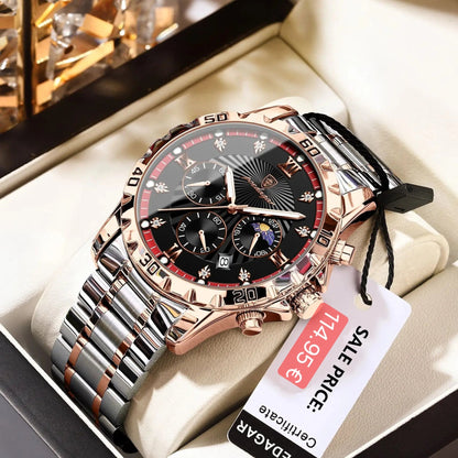 Luxury watch with rose gold and silver band in a box, featuring a visible price tag.