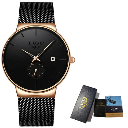 Black and rose gold watch with LIGE packaging on a white background