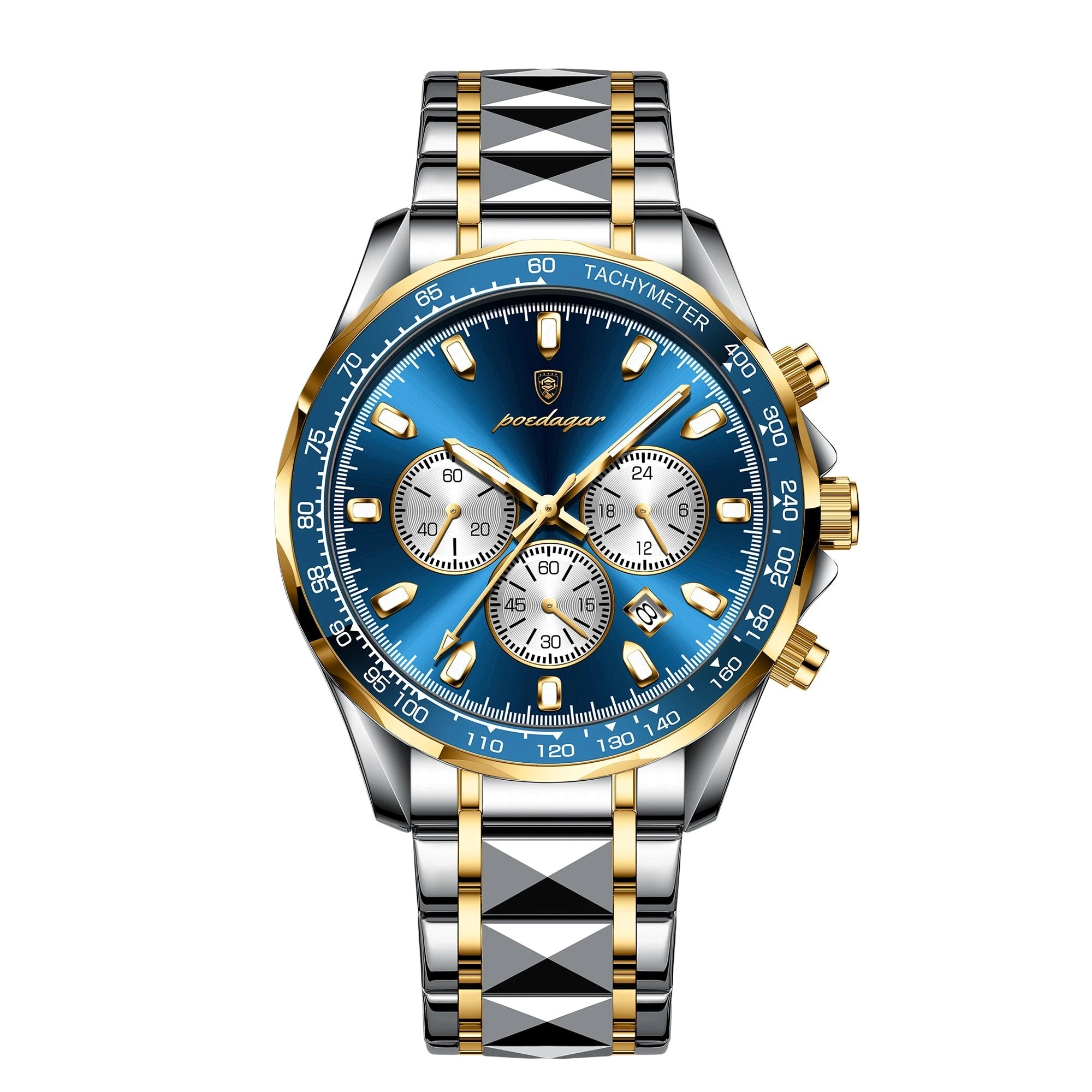 Luxury watch with blue face and gold accents on a white background
