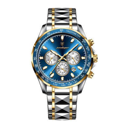 Luxury watch with blue face and gold accents on a white background