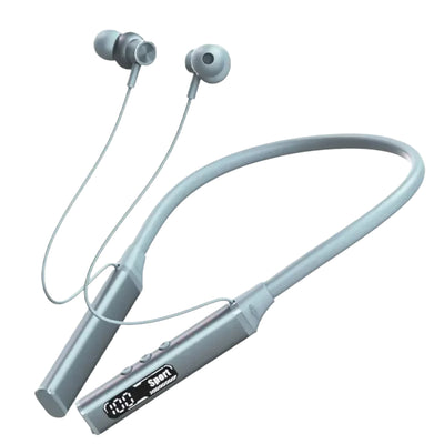 A pair of blue wireless Bluetooth earphones with a neckband design, featuring an inline microphone and digital display.