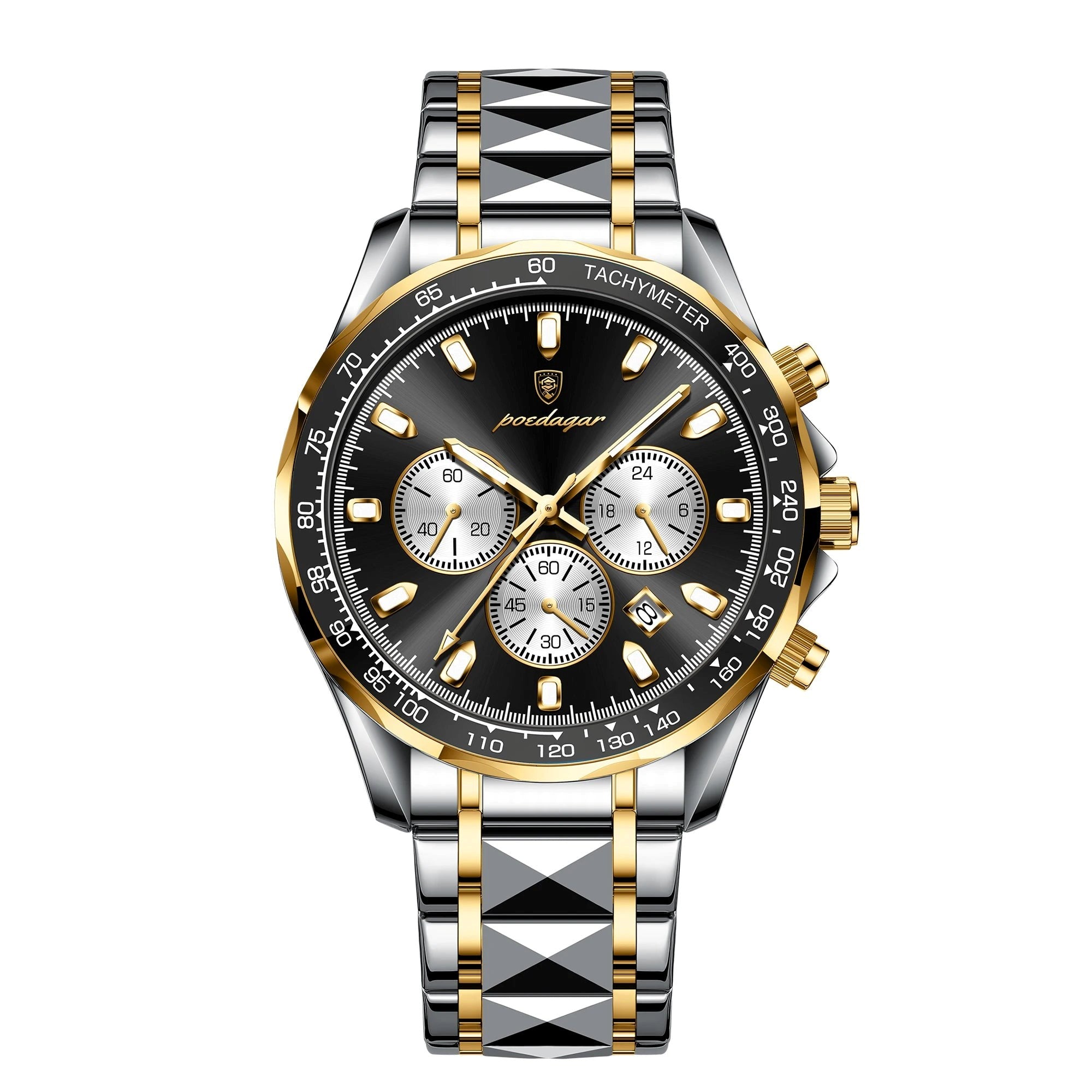 Luxury watch with black dial and gold accents on a white background