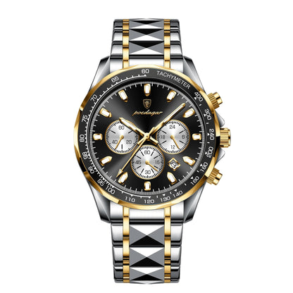 Luxury watch with black dial and gold accents on a white background