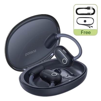 Black wireless earbuds in a charging case with a free cable icon on a white background