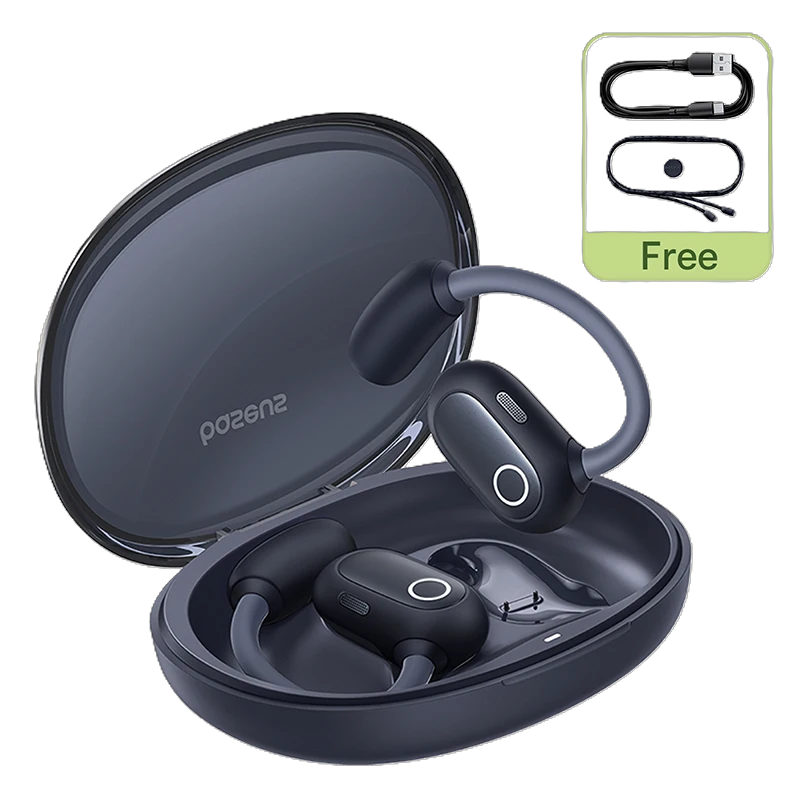 Black wireless earbuds in a charging case with a free cable icon on a white background