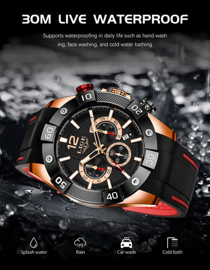 Luxury watch with black and red accents on a wet surface, emphasizing waterproof feature.
