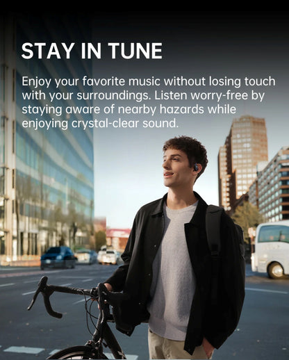Man with a bicycle wearing wireless earbuds in an urban setting with text about music and safety.
